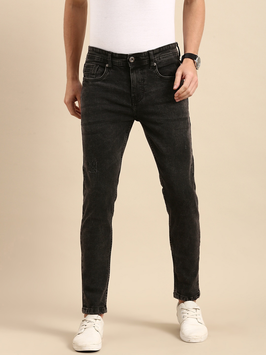

Being Human Men Black Skinny Fit Mid-Rise Low Distress Light Fade Cropped Jeans