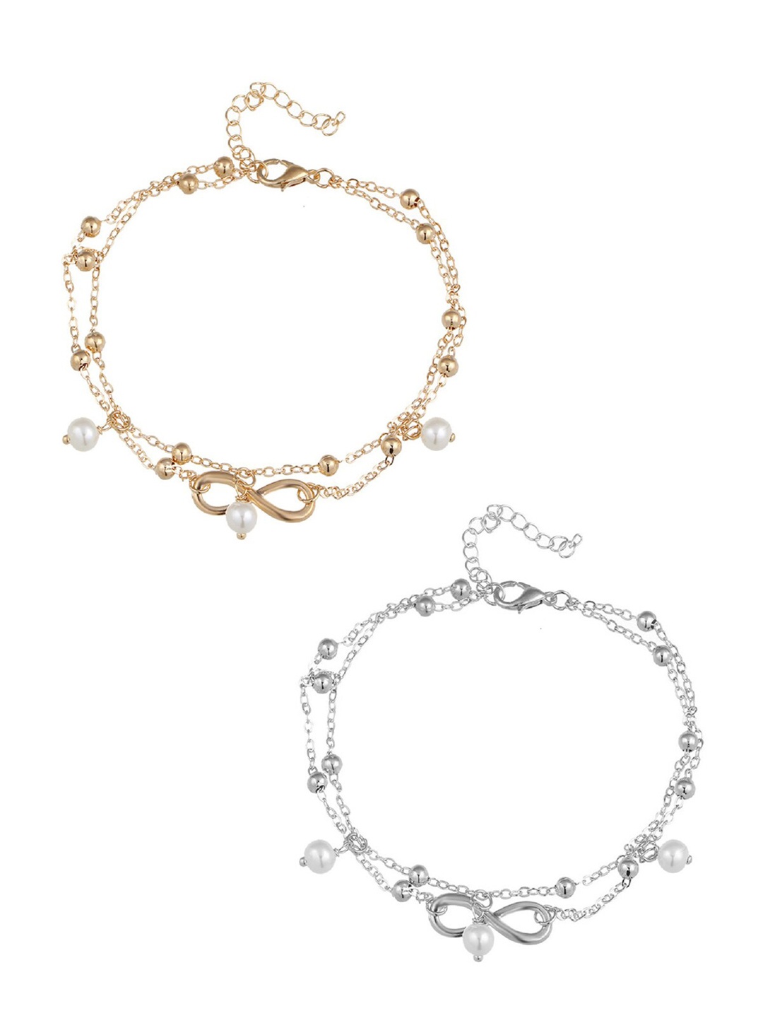 

OOMPH Set Of 2 White Pearl Beaded Layered Anklets, Gold