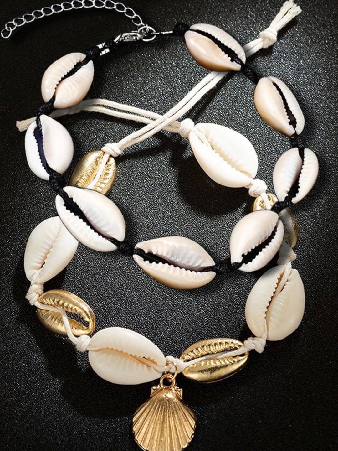 

OOMPH Set Of 2 Silver-Toned & Beige Shell Beaded Anklets