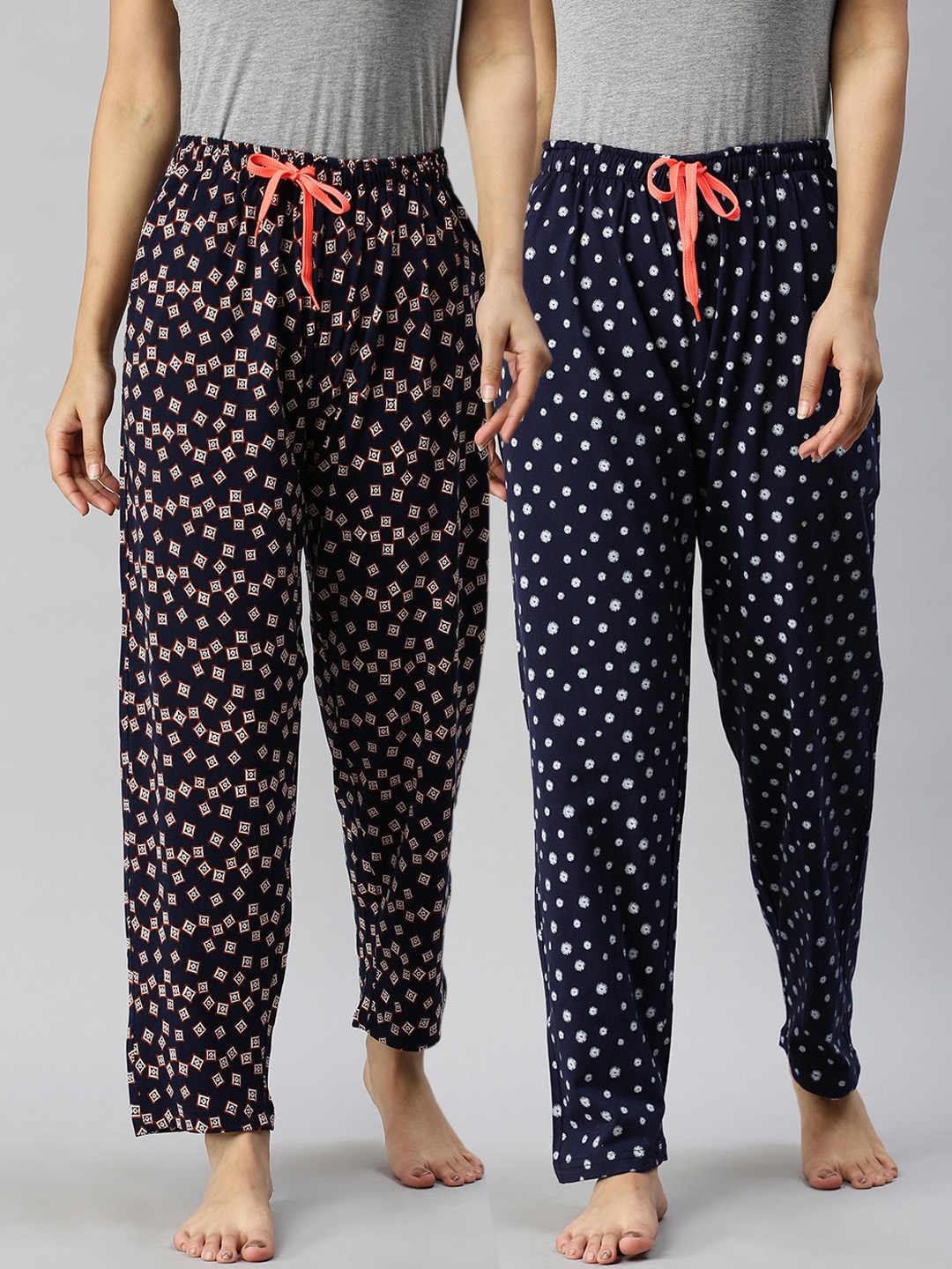 

Kryptic Women Pack Of 2 Printed Pure Cotton Lounge Pants, Navy blue