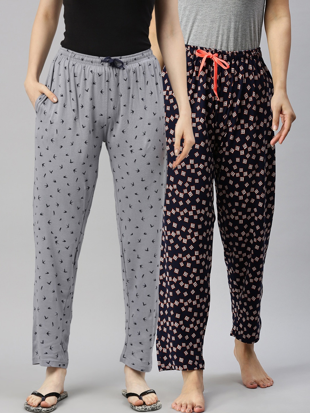 

Kryptic Women Pack Of 2 Printed Pure Cotton Lounge Pants, Grey