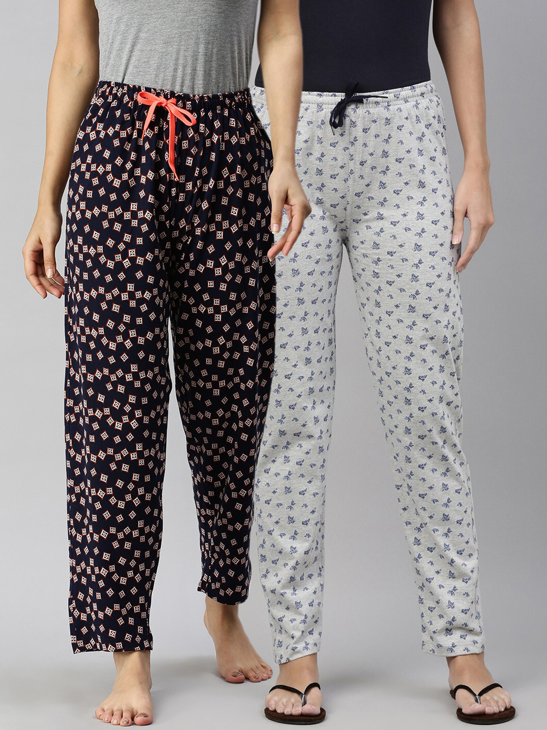 

Kryptic Women Pack Of 2 Printed Pure Cotton Lounge Pants, Navy blue