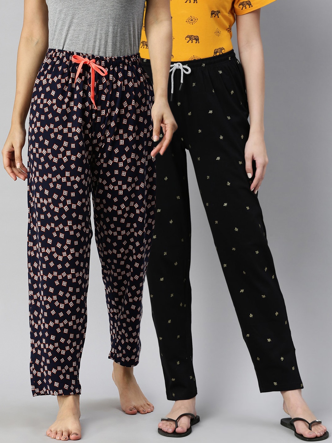 

Kryptic Women Pack Of 2 Printed Pure Cotton Lounge Pants, Navy blue
