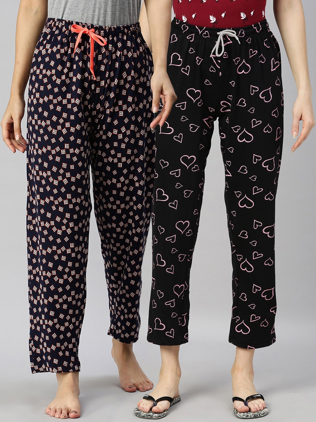 

Kryptic Women Pack Of 2 Printed Pure Cotton Lounge Pants, Navy blue