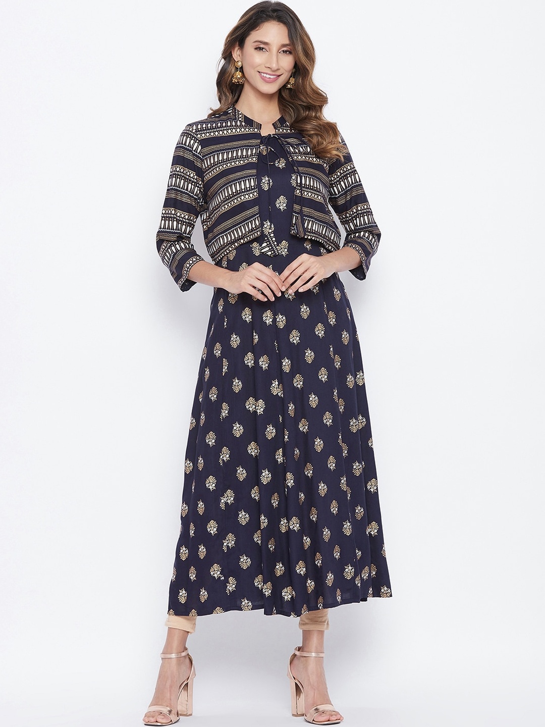 

Prakhya Women Blue Ethnic Motifs Printed A-Line Kurta with Jacket
