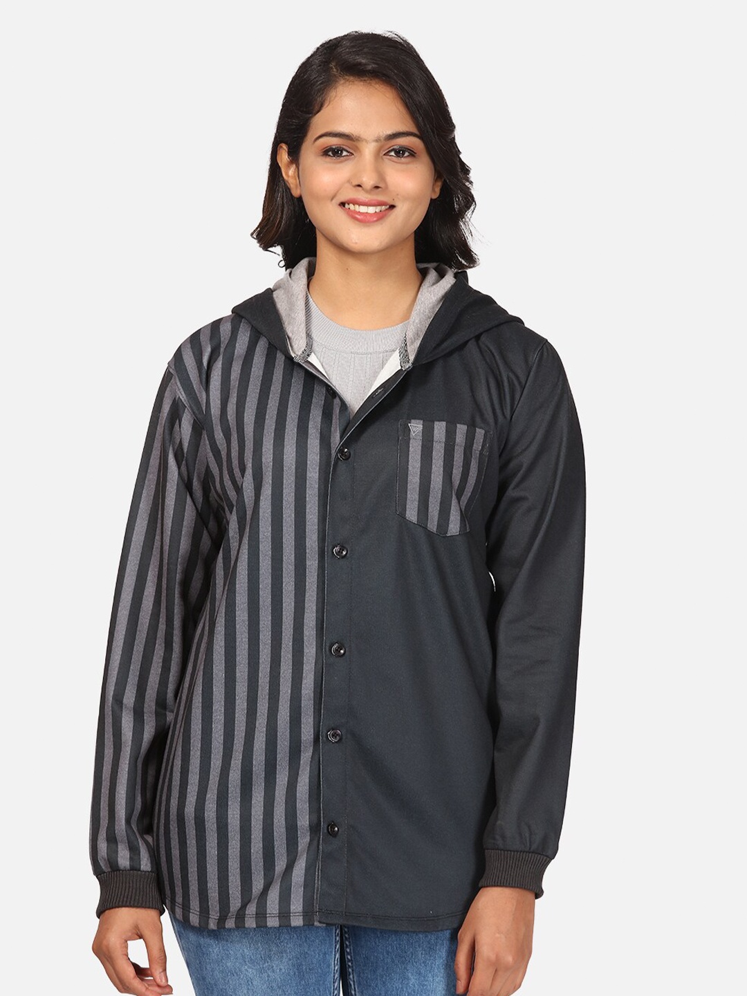 

HELLCAT Women Black Striped Hooded Sweatshirt