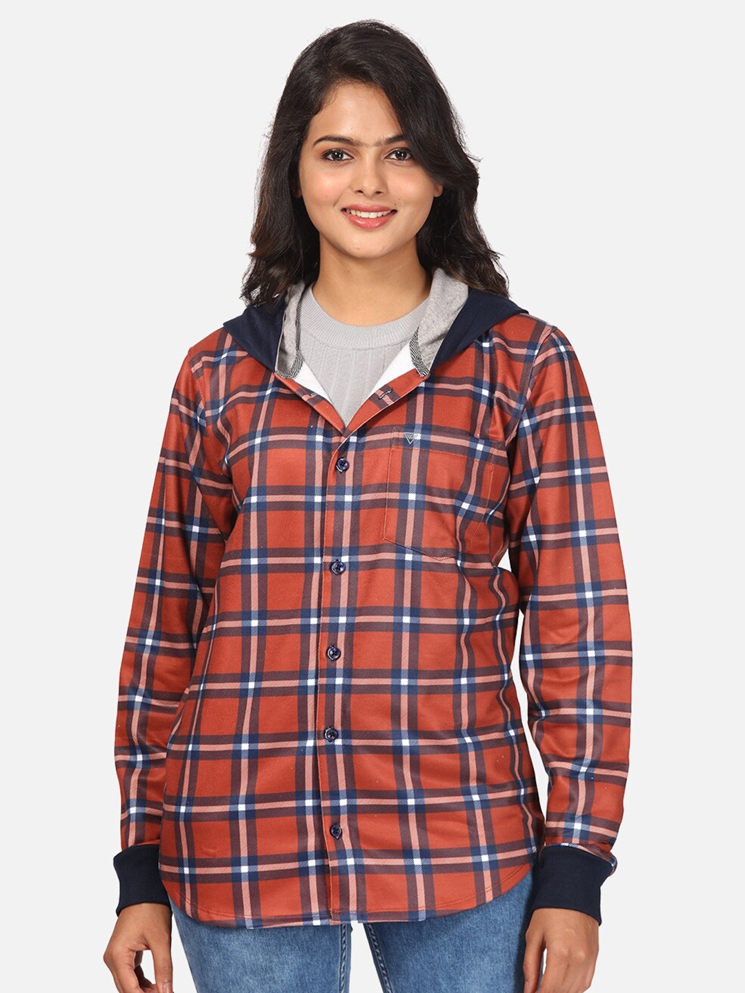 

HELLCAT Women Red & Blue Checked Regular Fit Fleece Hooded Sweatshirt