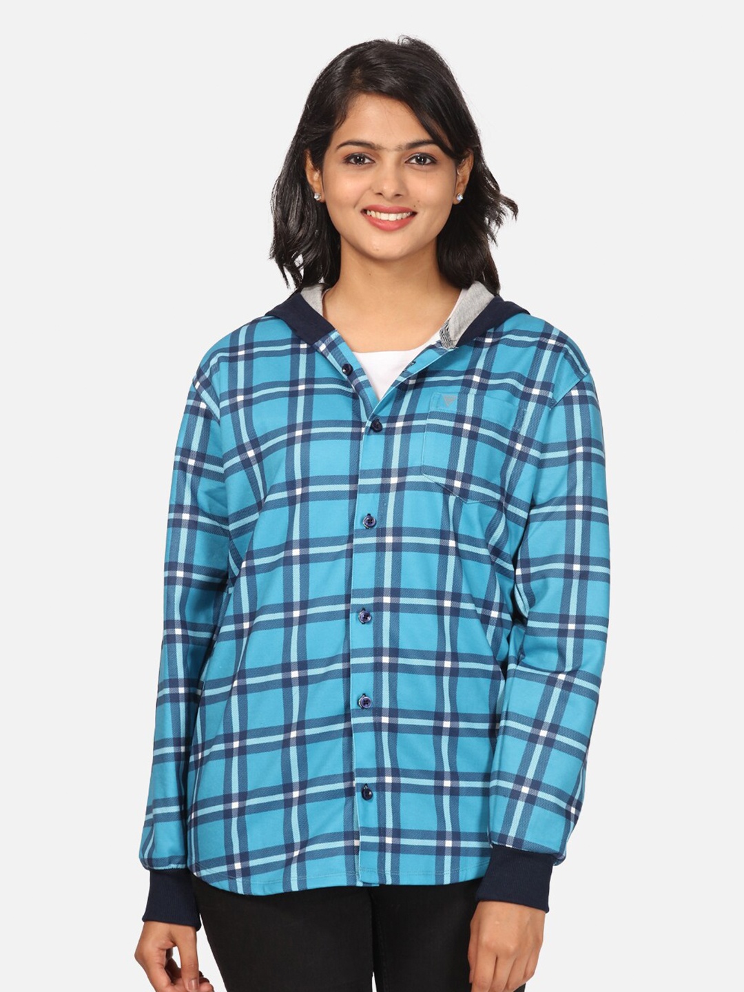 

HELLCAT Women Blue Checked Hooded Fleece Sweatshirt