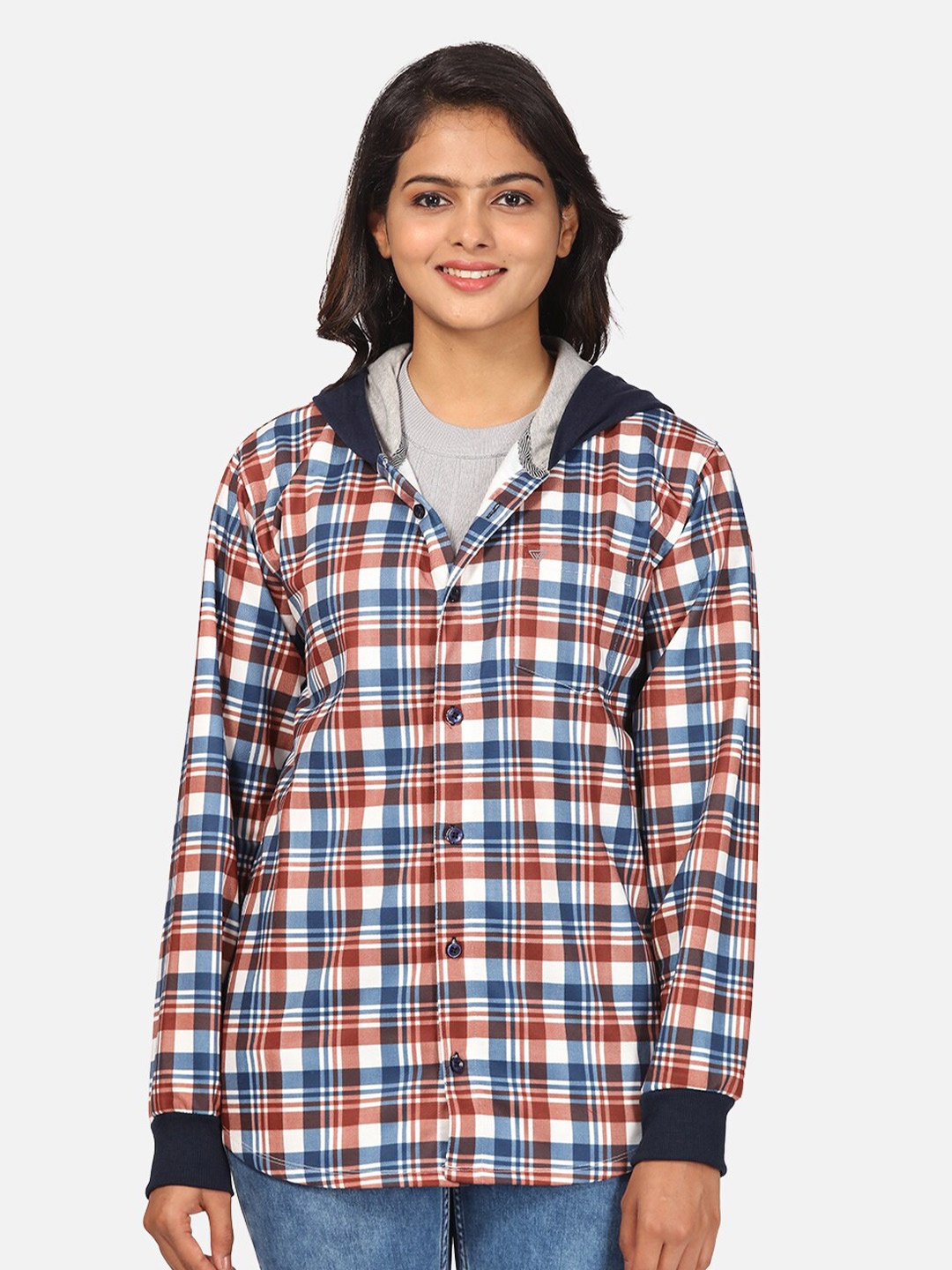 

HELLCAT Women Maroon & White Checked Hooded Fleece Sweatshirt