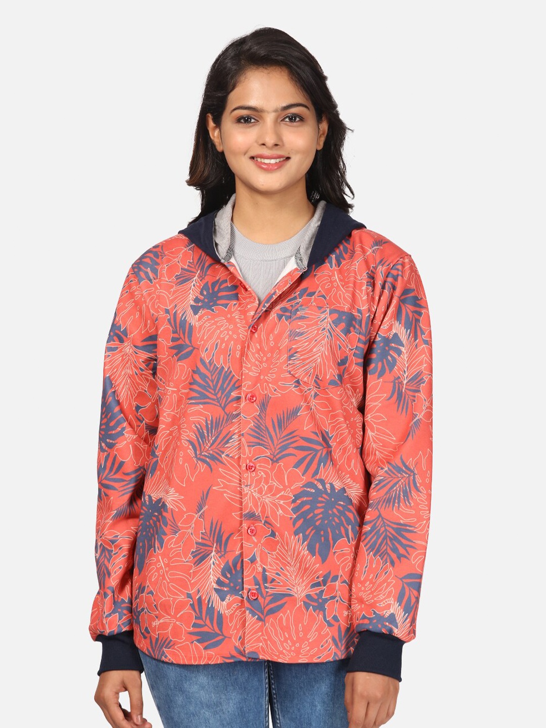 

HELLCAT Women Coral & Blue Tropical Printed Fleece Hooded Sweatshirt