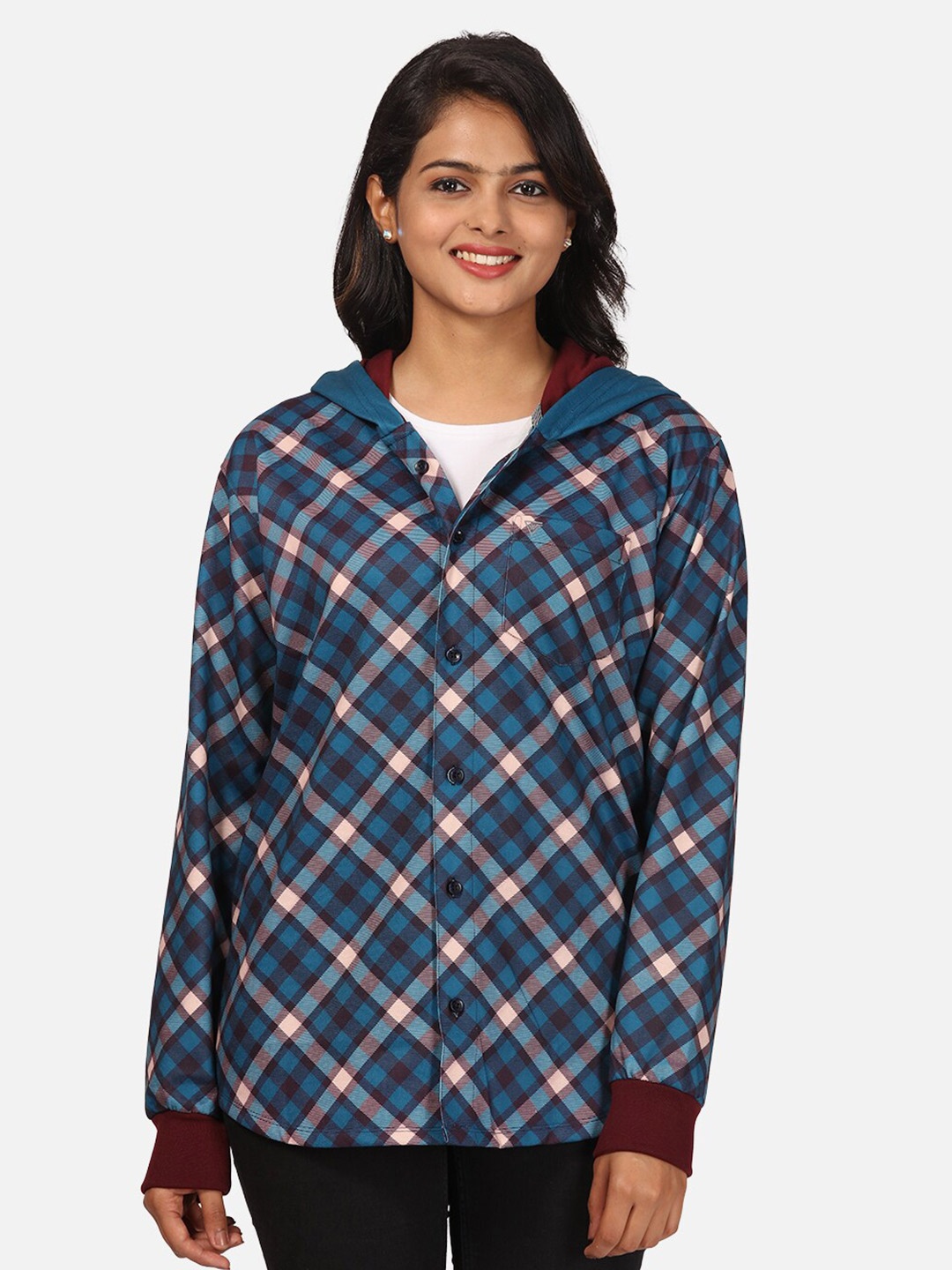 

HELLCAT Women Navy Blue Checked Hooded Sweatshirt