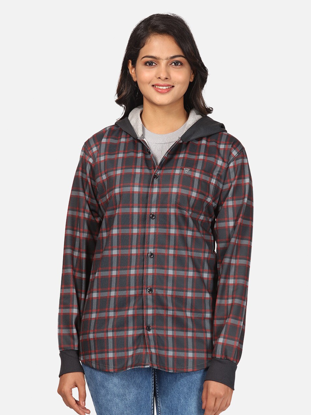 

HELLCAT Women Black & Red Checked Hooded Sweatshirt