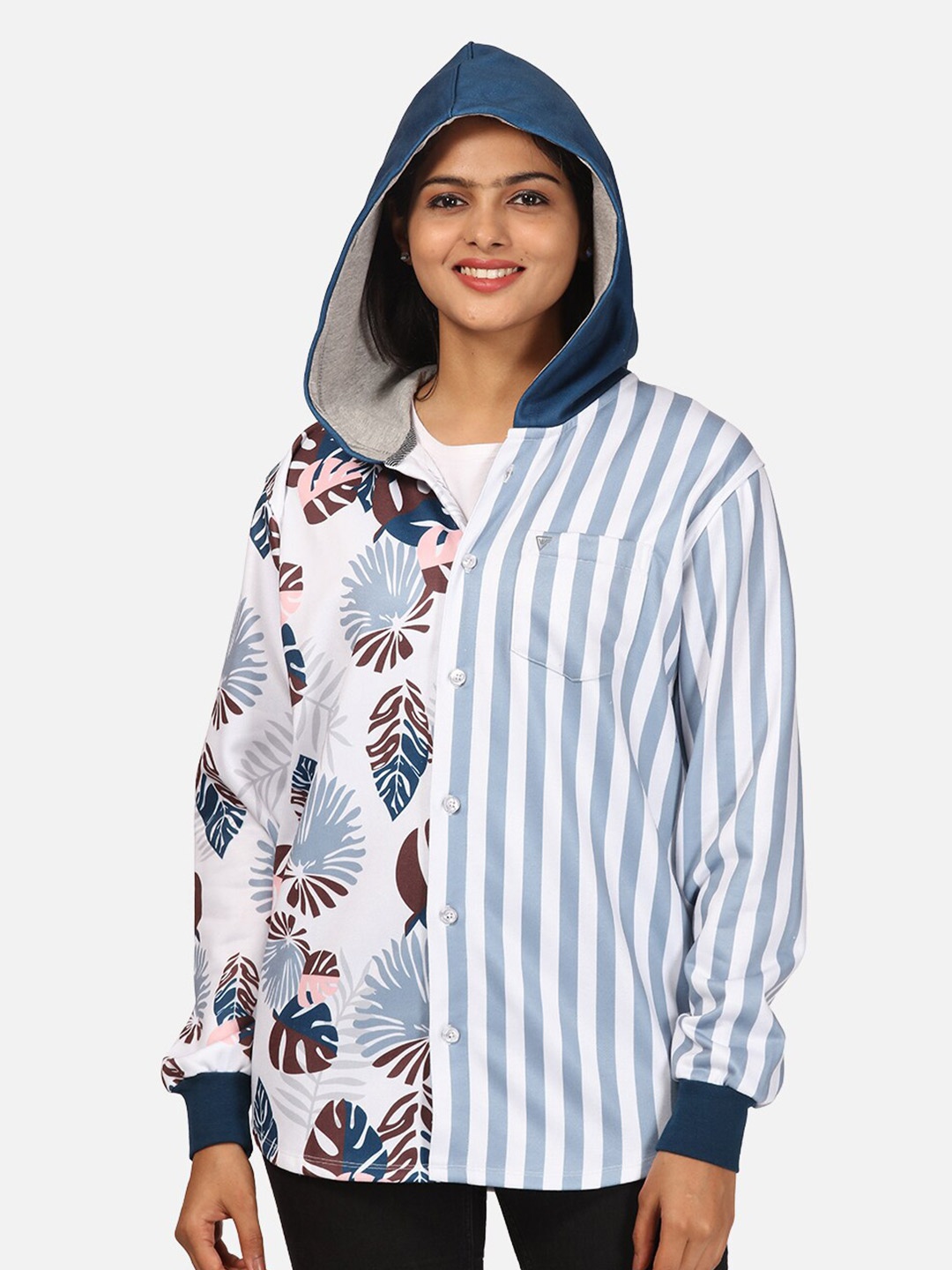 

HELLCAT Women Blue & White Printed Hooded Fleece Sweatshirt
