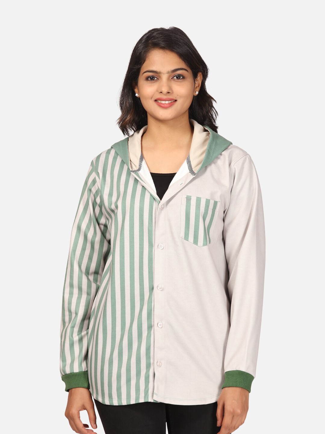 

HELLCAT Women Green Striped Fleece Hooded Sweatshirt