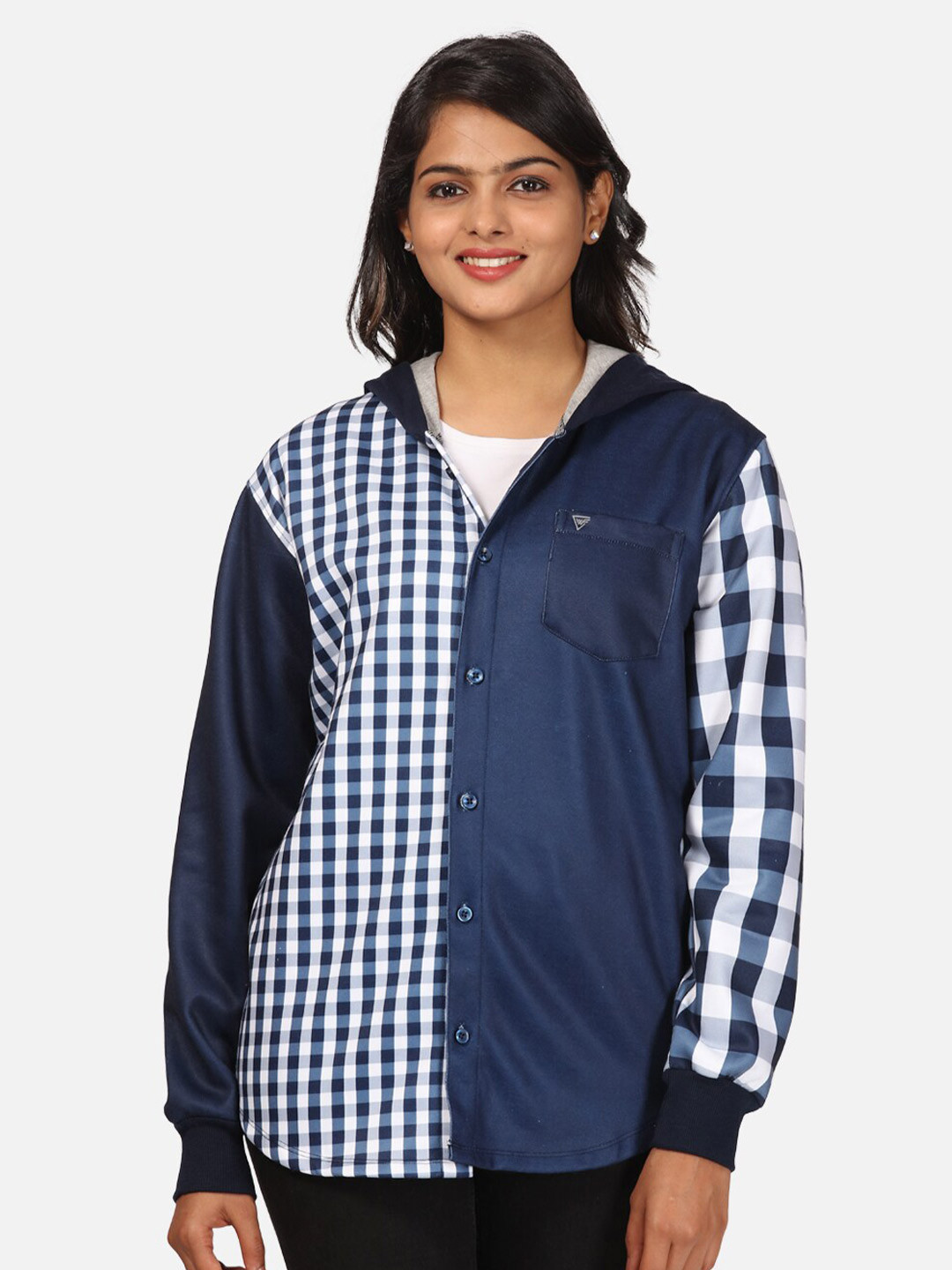 

HELLCAT Women Navy Blue Checked Hooded Sweatshirt