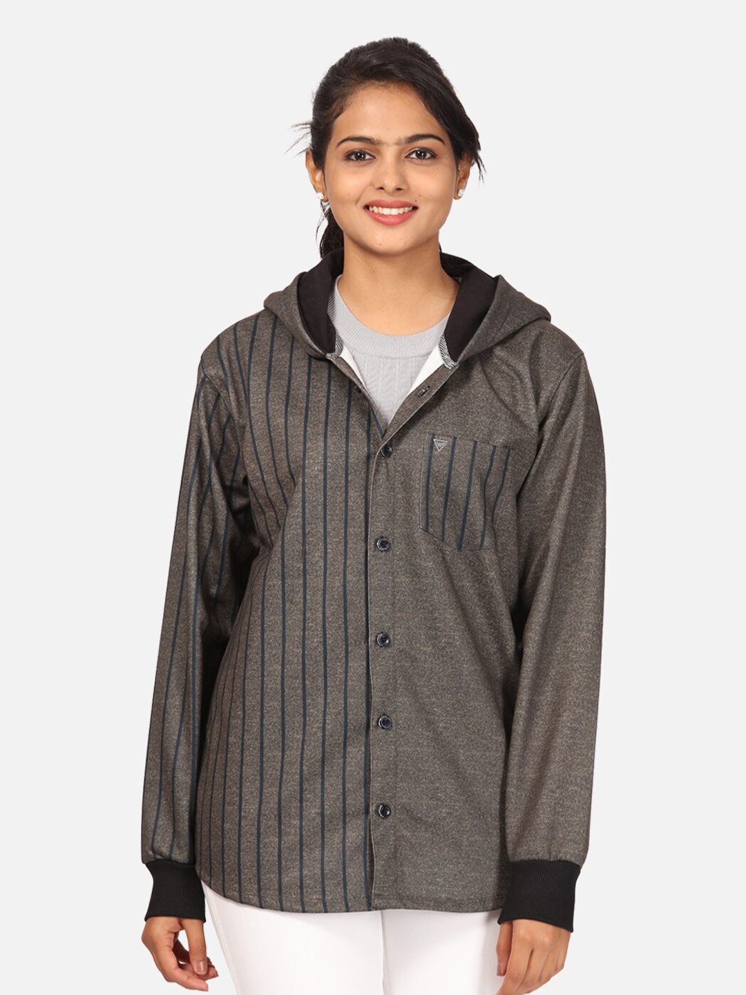 

HELLCAT Women Coffee Brown Striped Fleece Hooded Sweatshirt