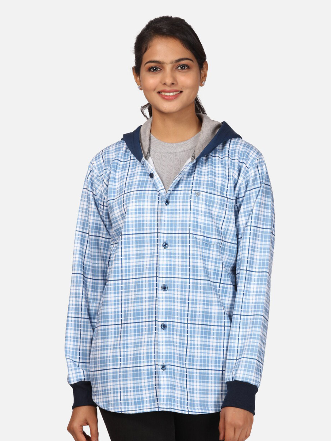 

HELLCAT Women Blue Checked Hooded Fleece Sweatshirt
