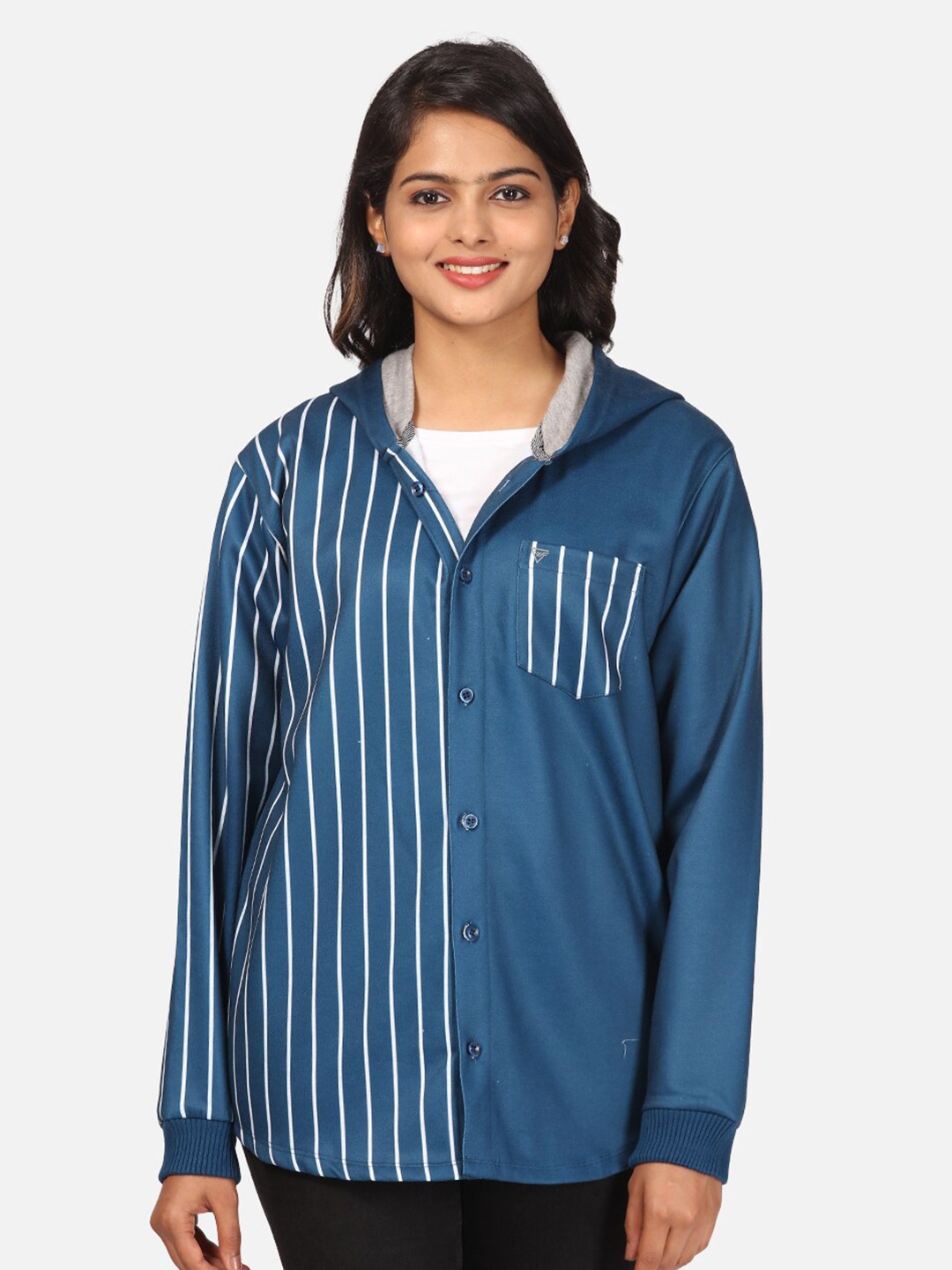 

HELLCAT Women Navy Blue & White Striped Fleece Hooded Front-Open Sweatshirt