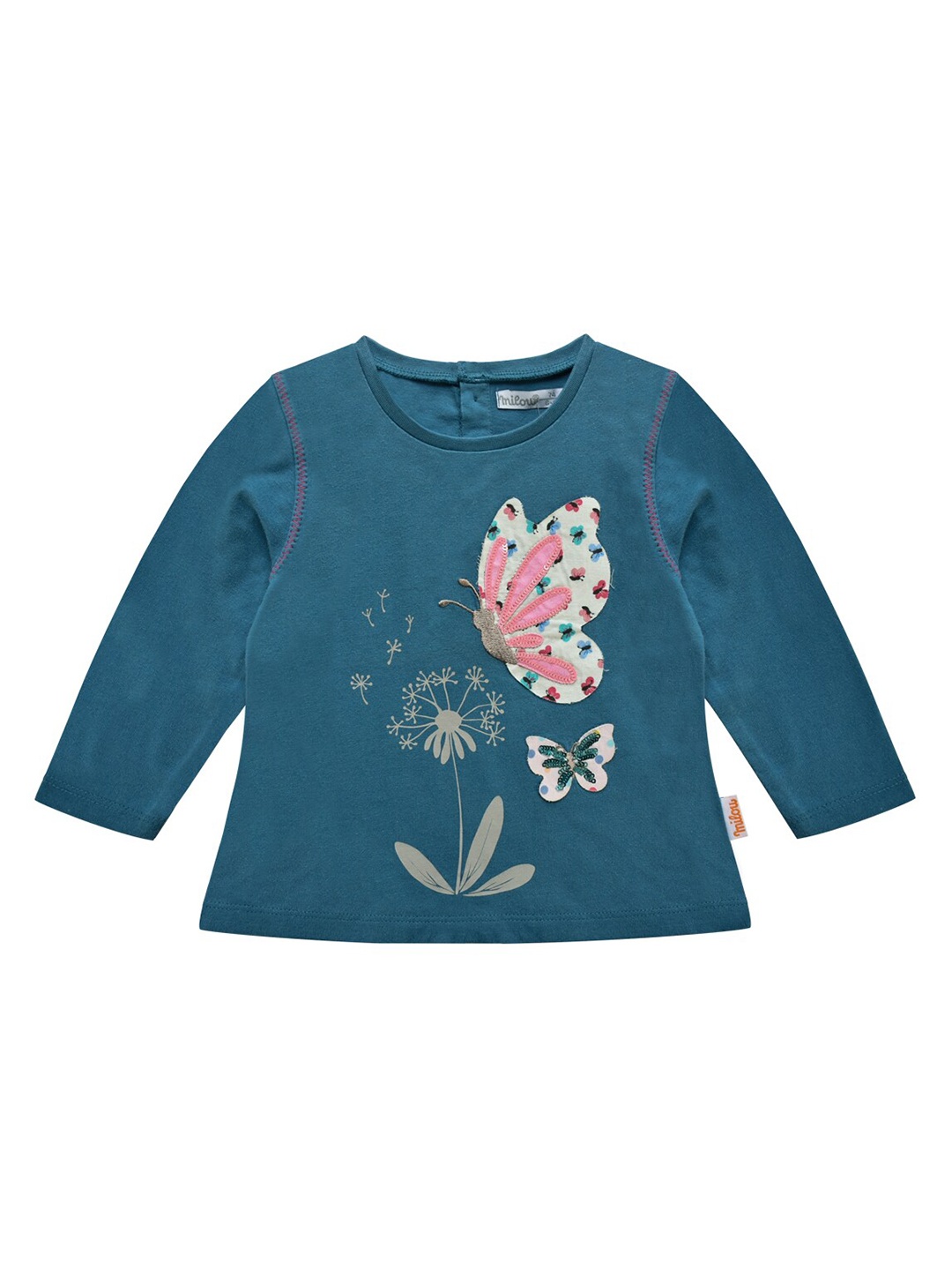 

milou Girls Blue Floral Printed Applique Pure Cotton Regular Top