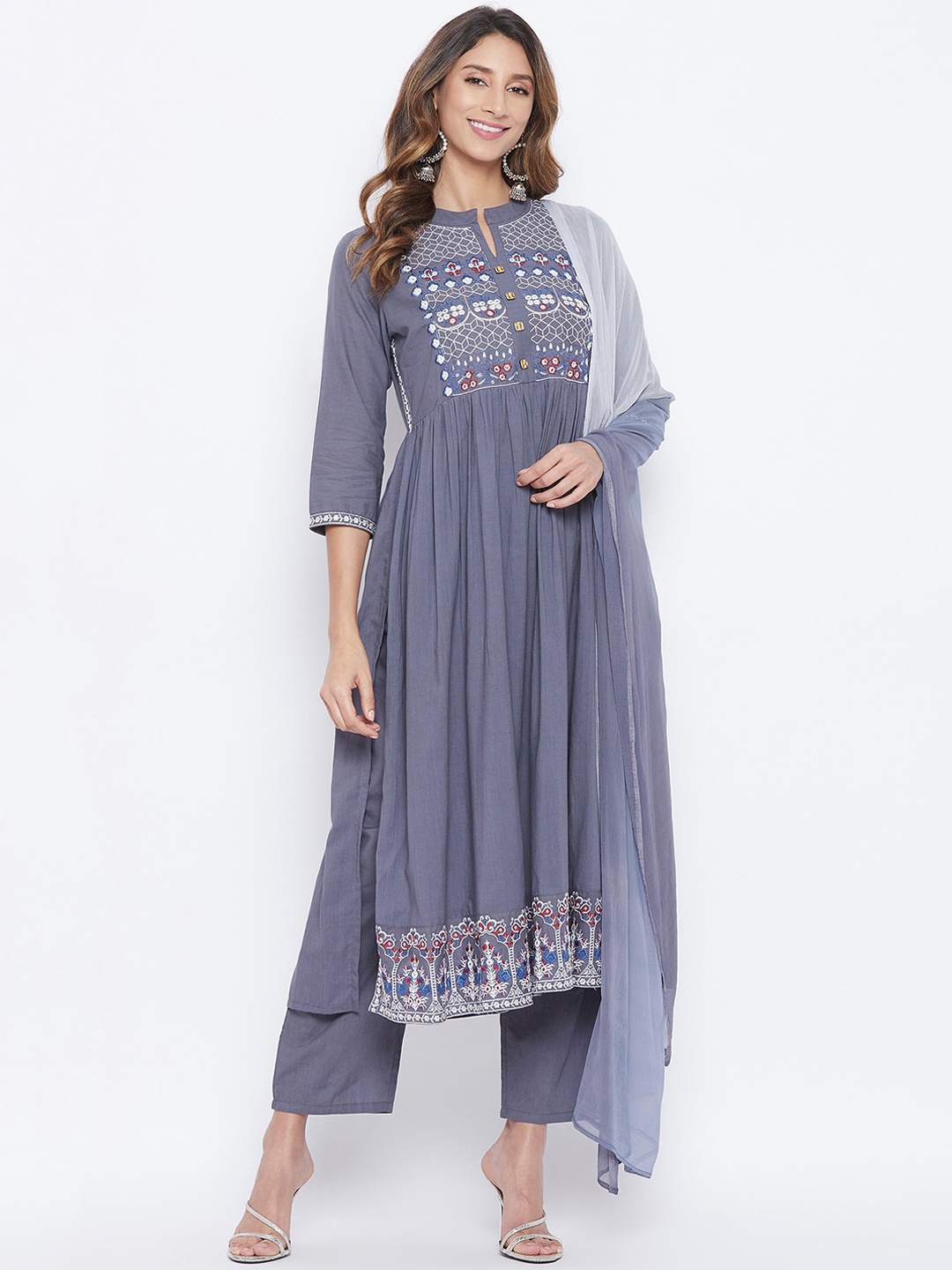 

Prakhya Women Grey Floral Embroidered Pure Cotton Kurta with Palazzos & With Dupatta