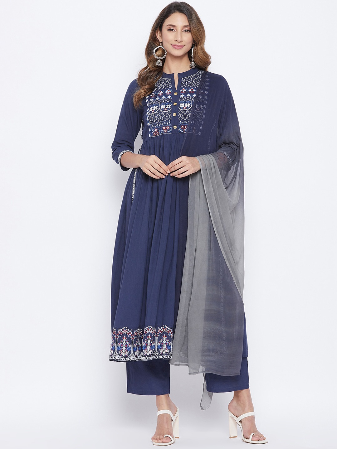

Prakhya Women Blue Ethnic Motifs High Slit Pure Cotton Kurta with Palazzos & With Dupatta