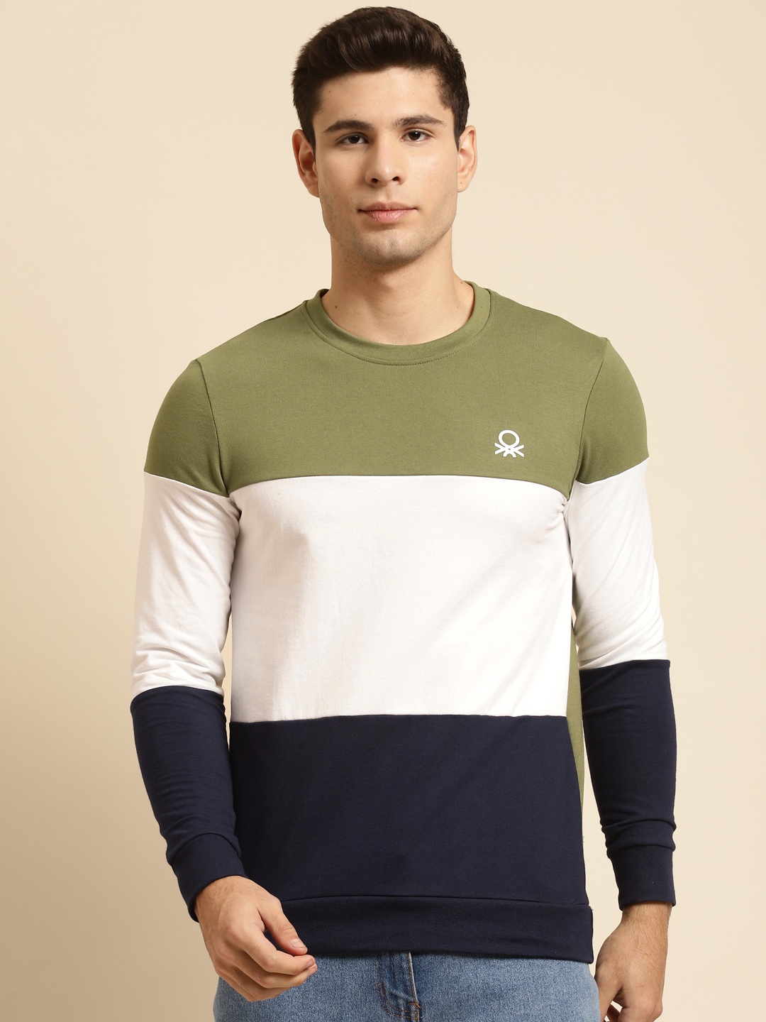 

United Colors of Benetton Men Olive Green & White Colourblocked Sweatshirt