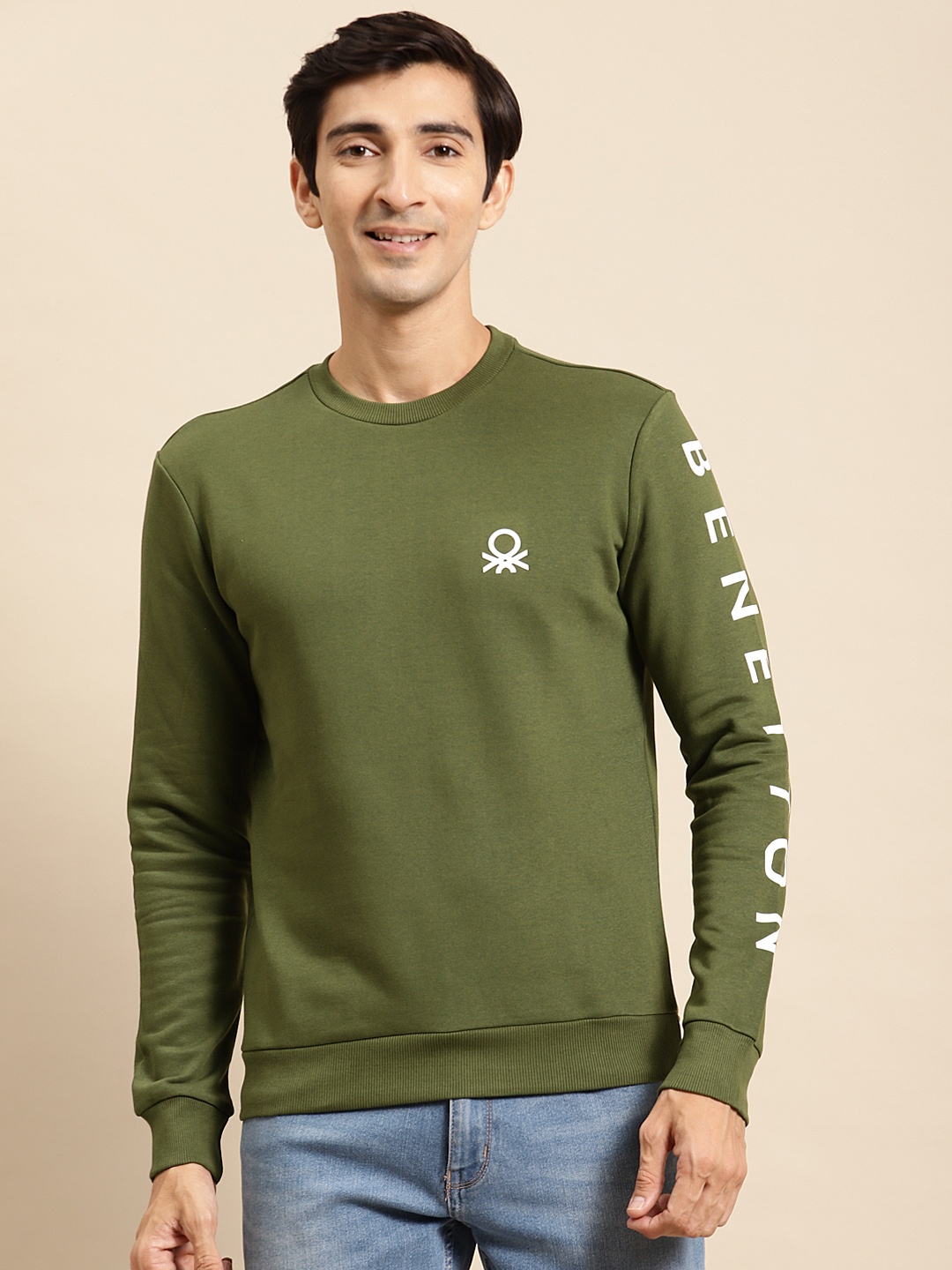 

United Colors of Benetton Men Olive Solid Green Sweatshirt