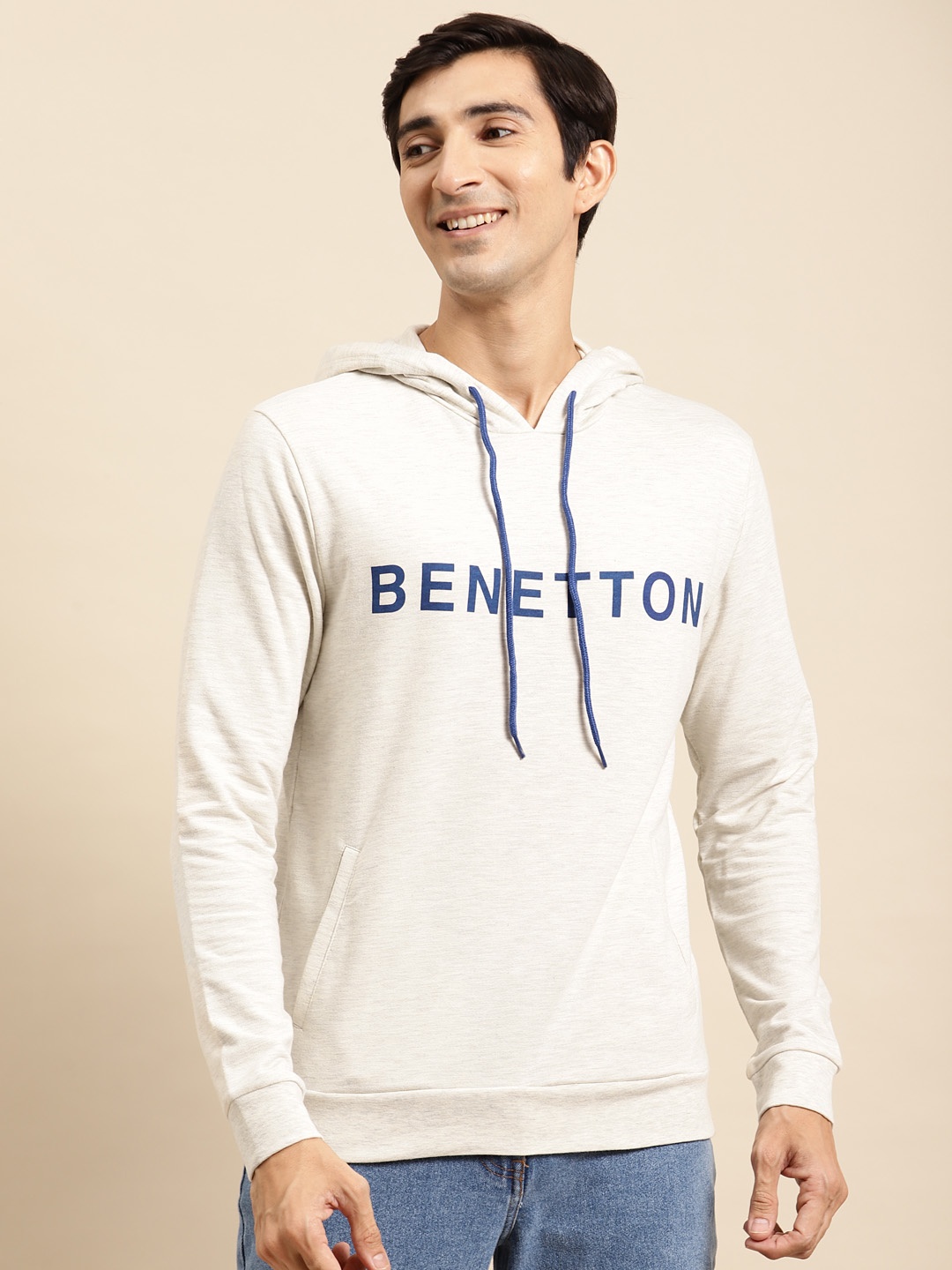 

United Colors of Benetton Men Beige Printed Hooded Sweatshirt