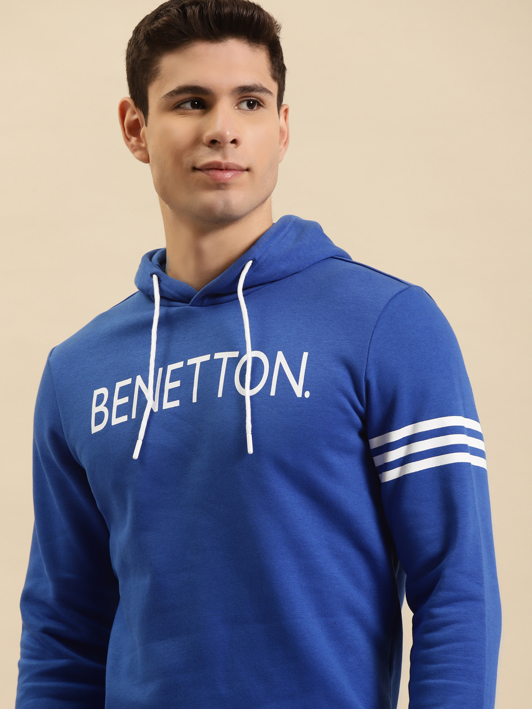 

United Colors of Benetton Men Blue & White Brand Logo Print Hooded Sweatshirt