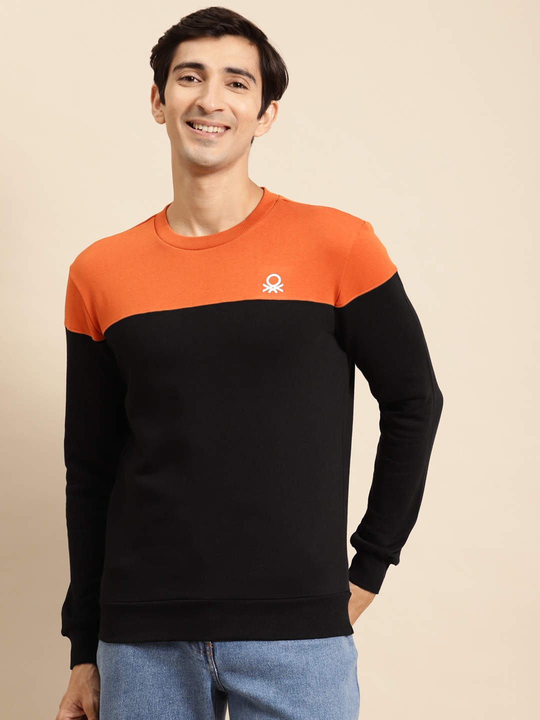 

United Colors of Benetton Men Orange & Black Colourblocked Sweatshirt