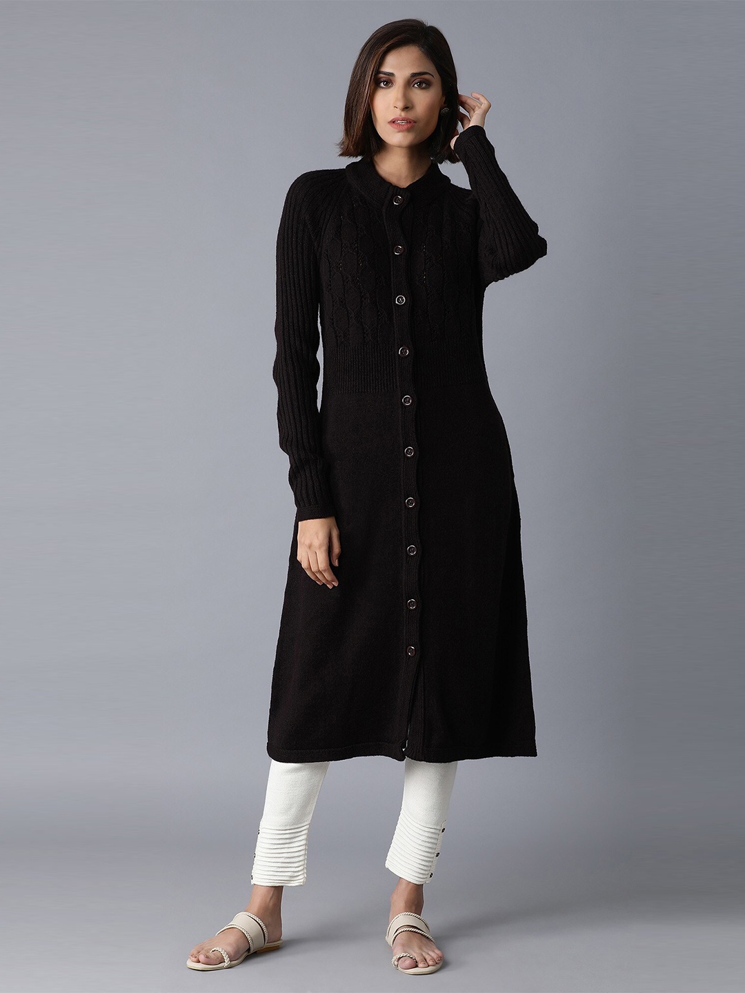 

W Women Black Self Design Knitted A-Line Acrylic Tunic