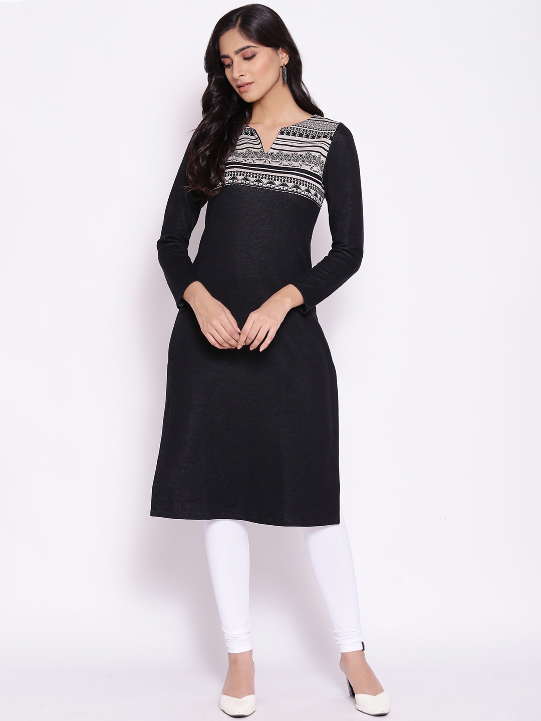 

W Women Black & White Geometric Yoke Design Kurta