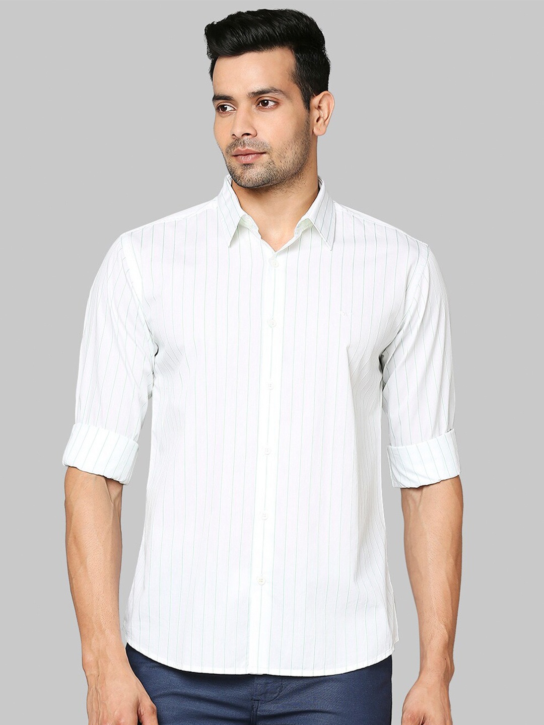 

Park Avenue Men White & Green Slim Fit Opaque Striped Casual Shirt