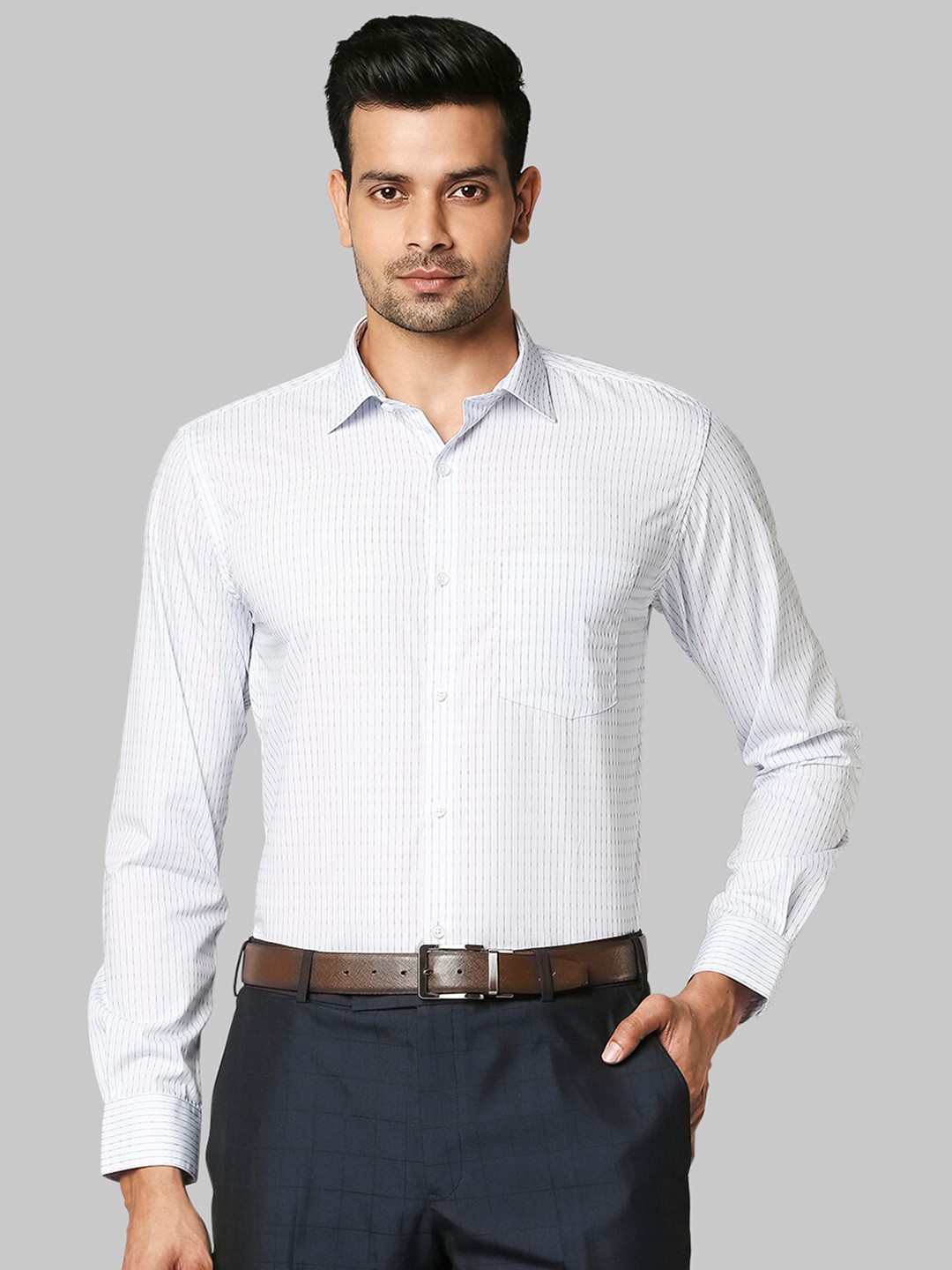 

Park Avenue Men Blue & Grey Slim Fit Opaque Striped Cotton Formal Shirt