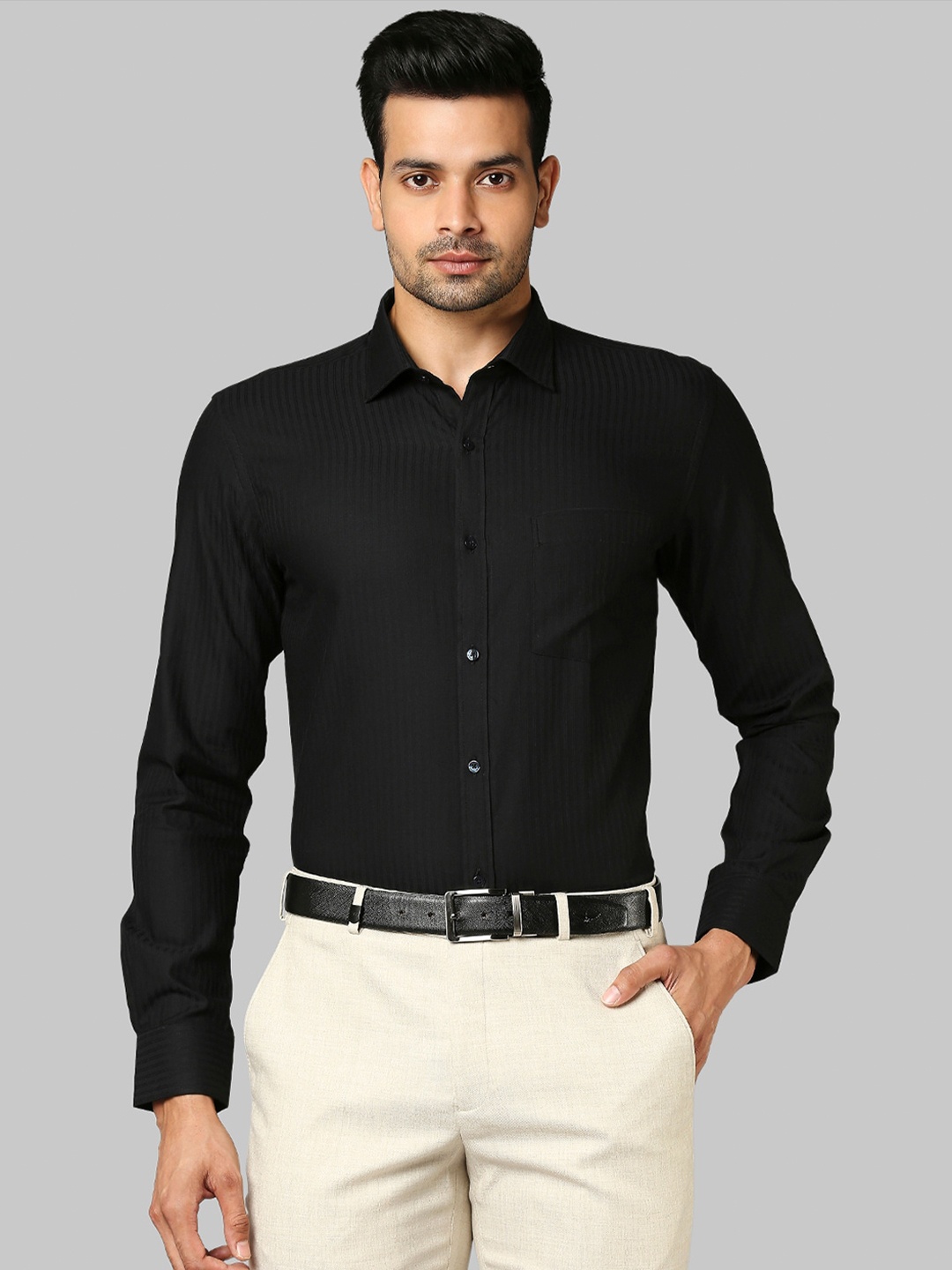 

Park Avenue Men Black Slim Fit Opaque Striped Cotton Formal Shirt