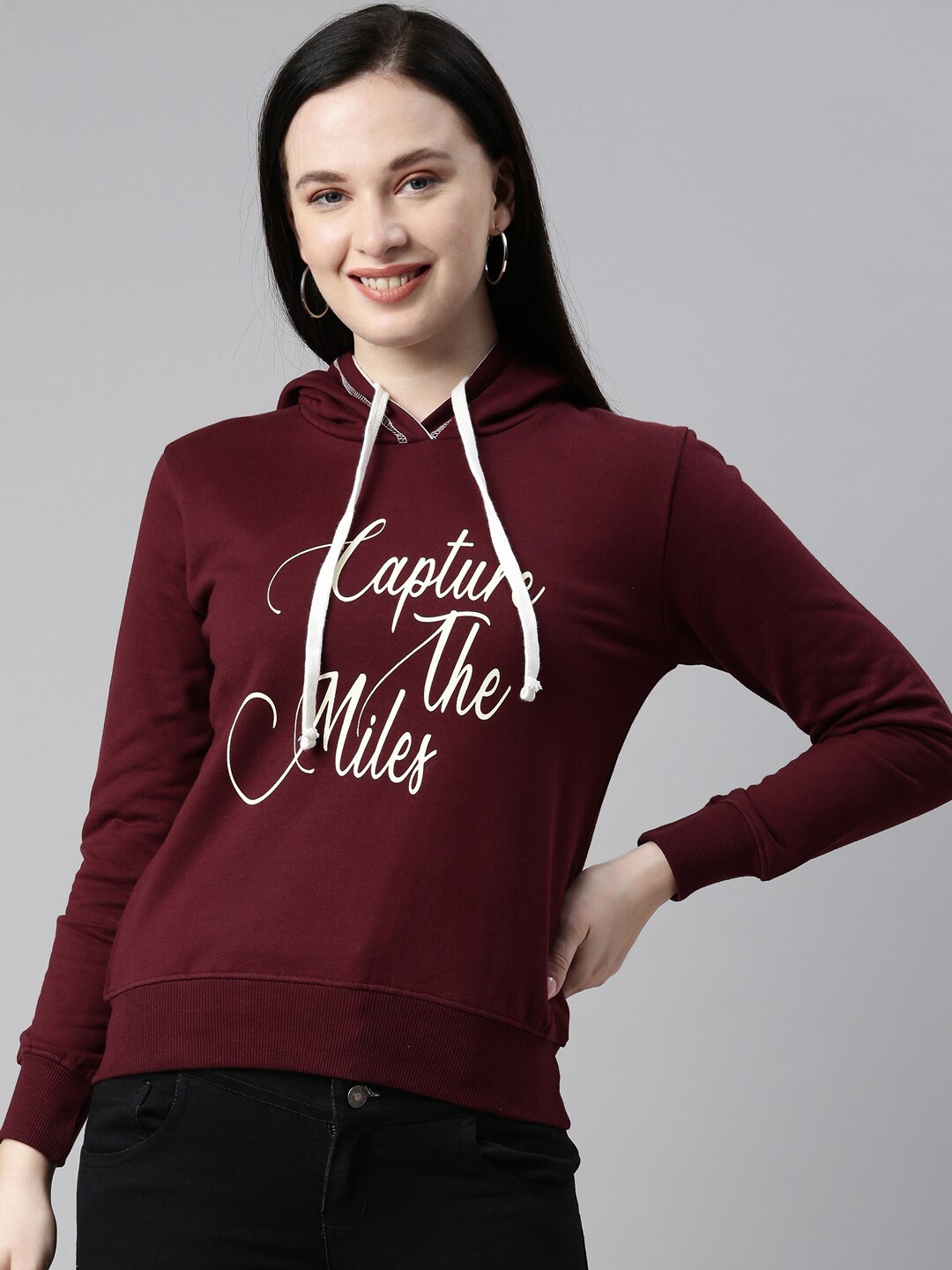 

Bailey sells Women Burgundy Typography Printed Hooded Pure Cotton Sweatshirt