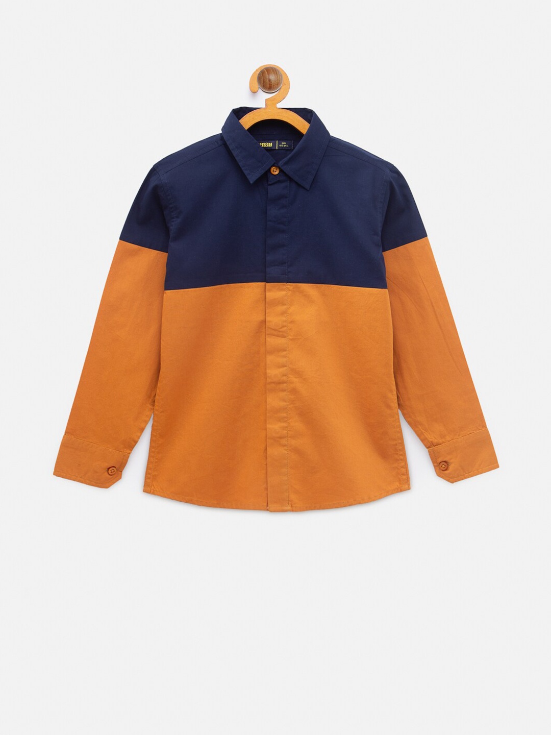 

NYNSH Boys Mustard Yellow & Navy Blue Opaque Colourblocked Pure Cotton Casual Shirt