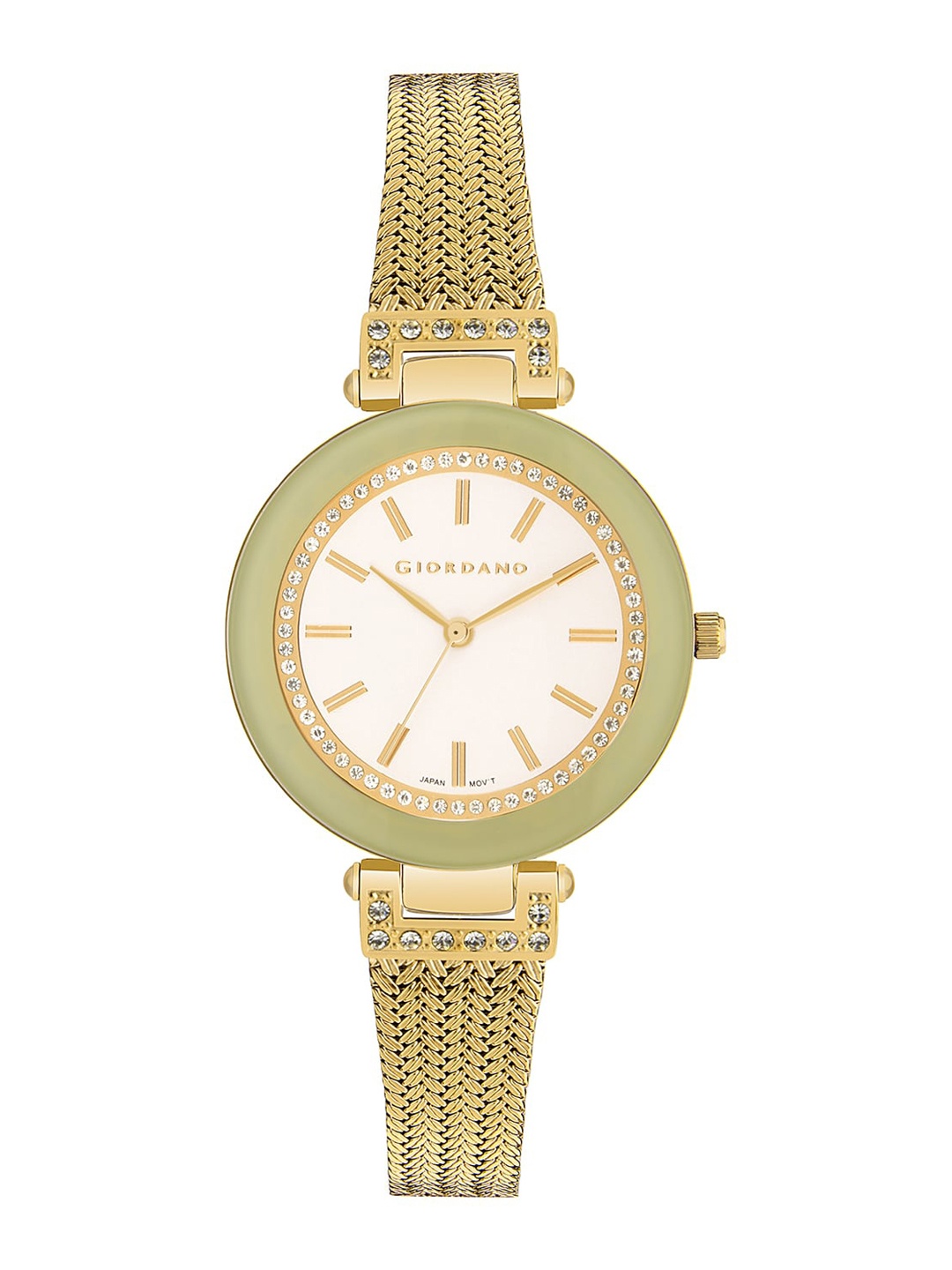 

GIORDANO Women White Embellished Dial & Gold Toned Stainless Steel Bracelet Style Straps Analogue Watch