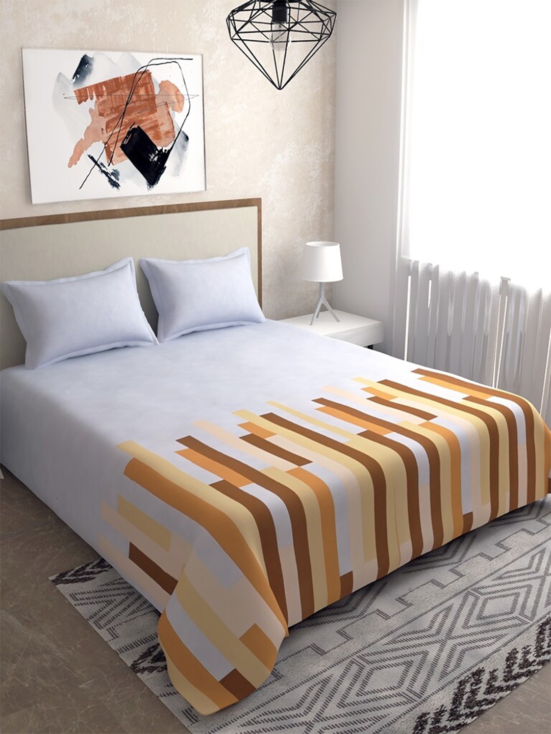 

Salona Bichona White & Brown Geometric Pure Cotton 180 TC King Bedsheet & 2 Pillow Covers