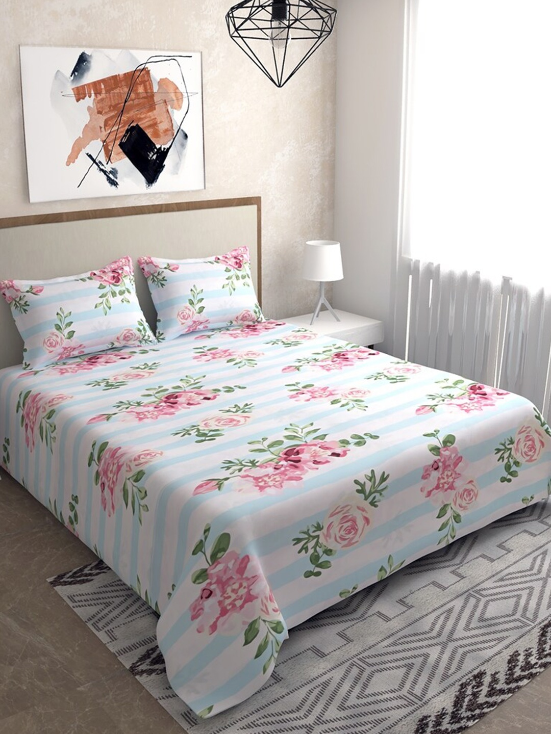 

Salona Bichona Blue & Pink Printed Pure Cotton 144 TC King Bedsheet with 2 Pillow Covers