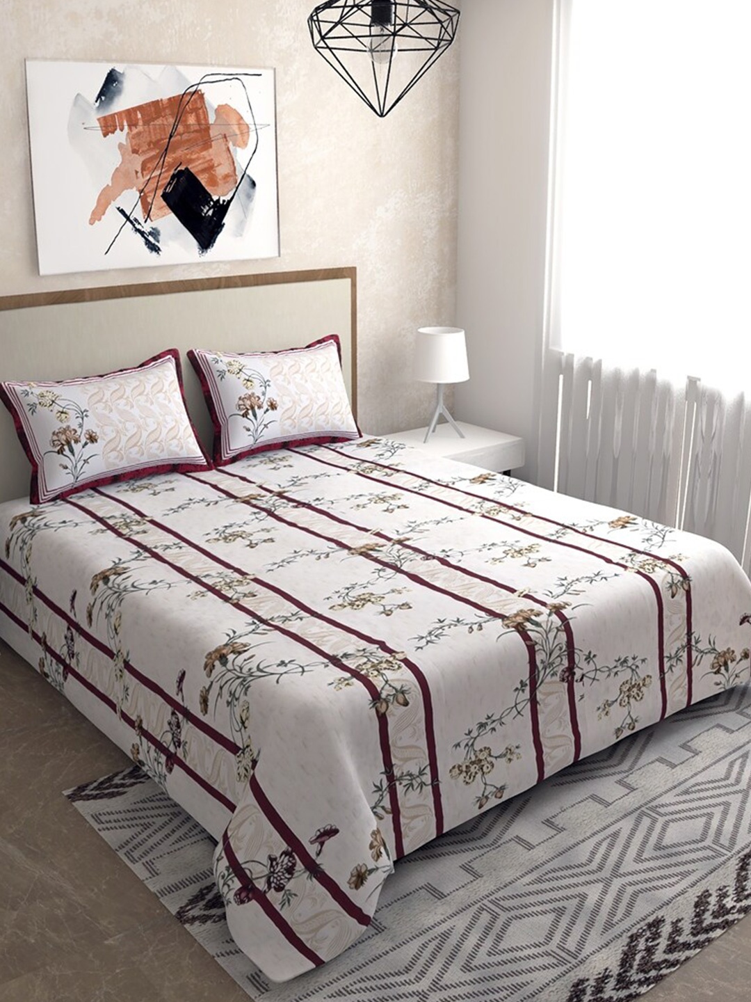 

Salona Bichona Maroon & White Floral 144 TC Queen Bedsheet with 2 Pillow Covers