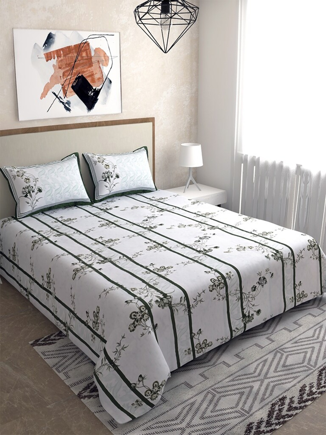 

Salona Bichona Green & White Floral 144 TC Pure Cotton Queen Bedsheet with 2 Pillow Covers