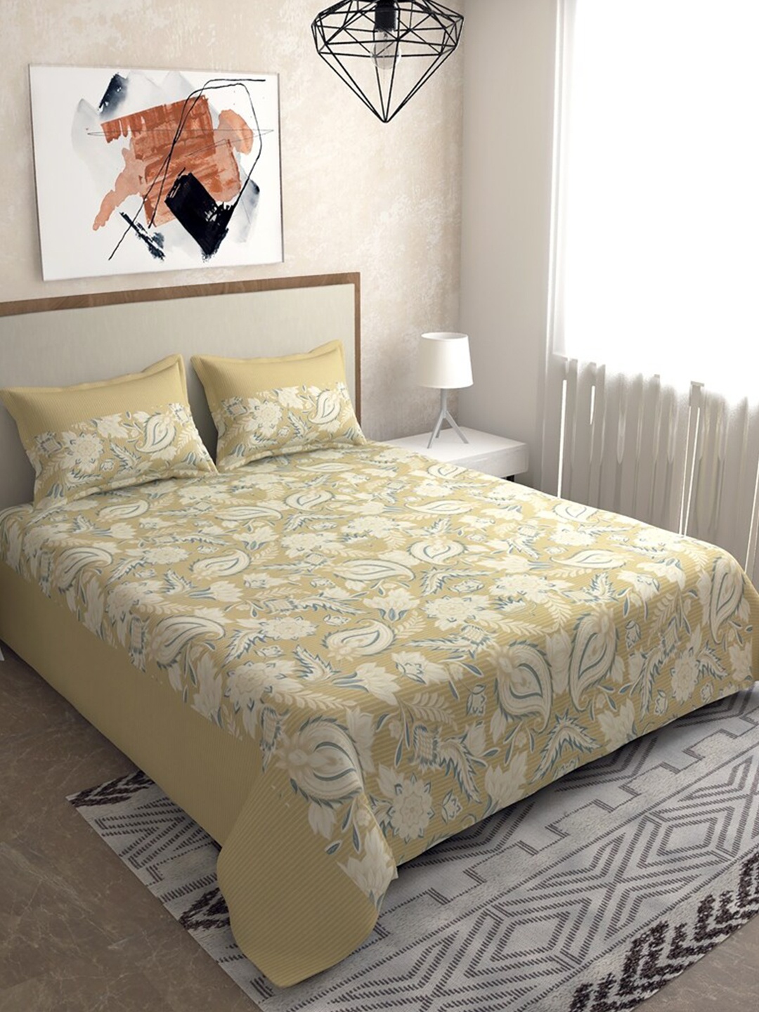 

Salona Bichona Yellow & Grey Floral Printed 144 TC King Bedsheet With 2 Pillow Covers