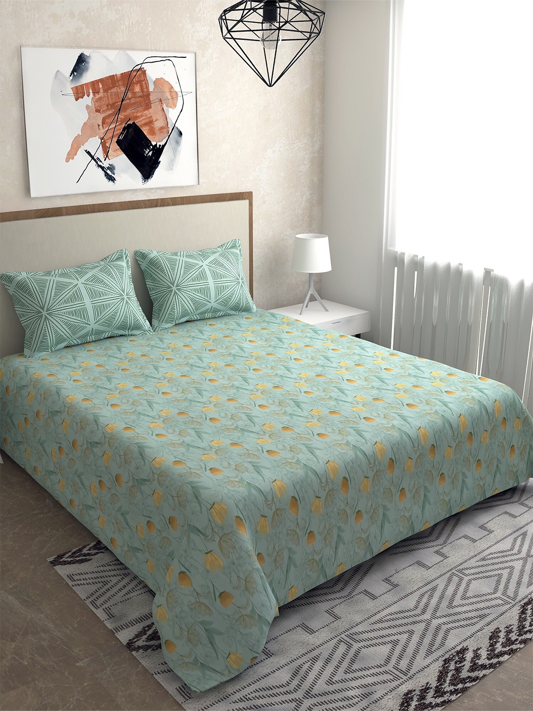 

Salona Bichona Green Floral 144 TC 100% Cotton 1 Queen Bedsheet with 2 Pillow Covers