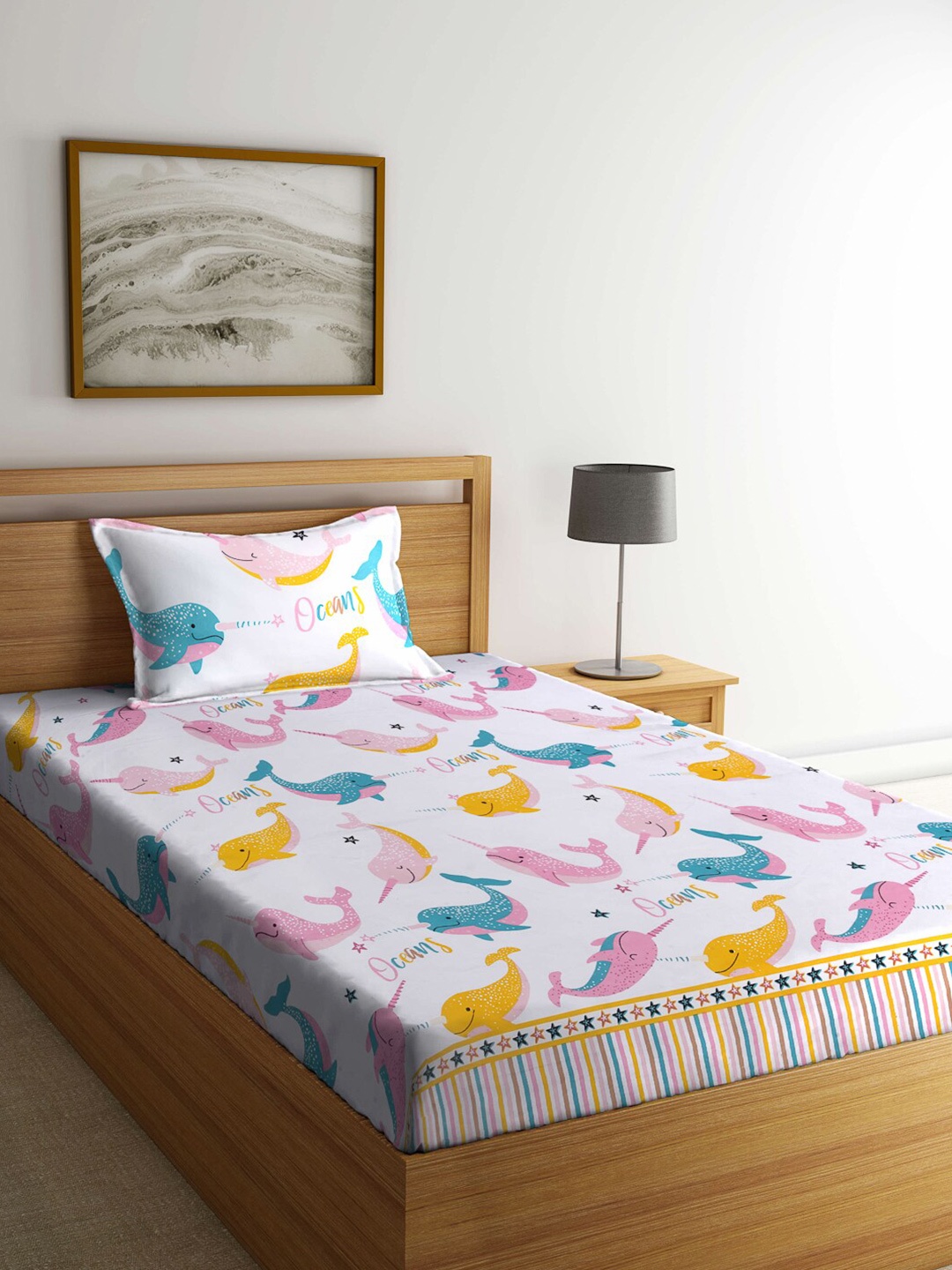 

KLOTTHE Cartoon Characters 300 TC Single Bedsheet with 1 Pillow Cover, White