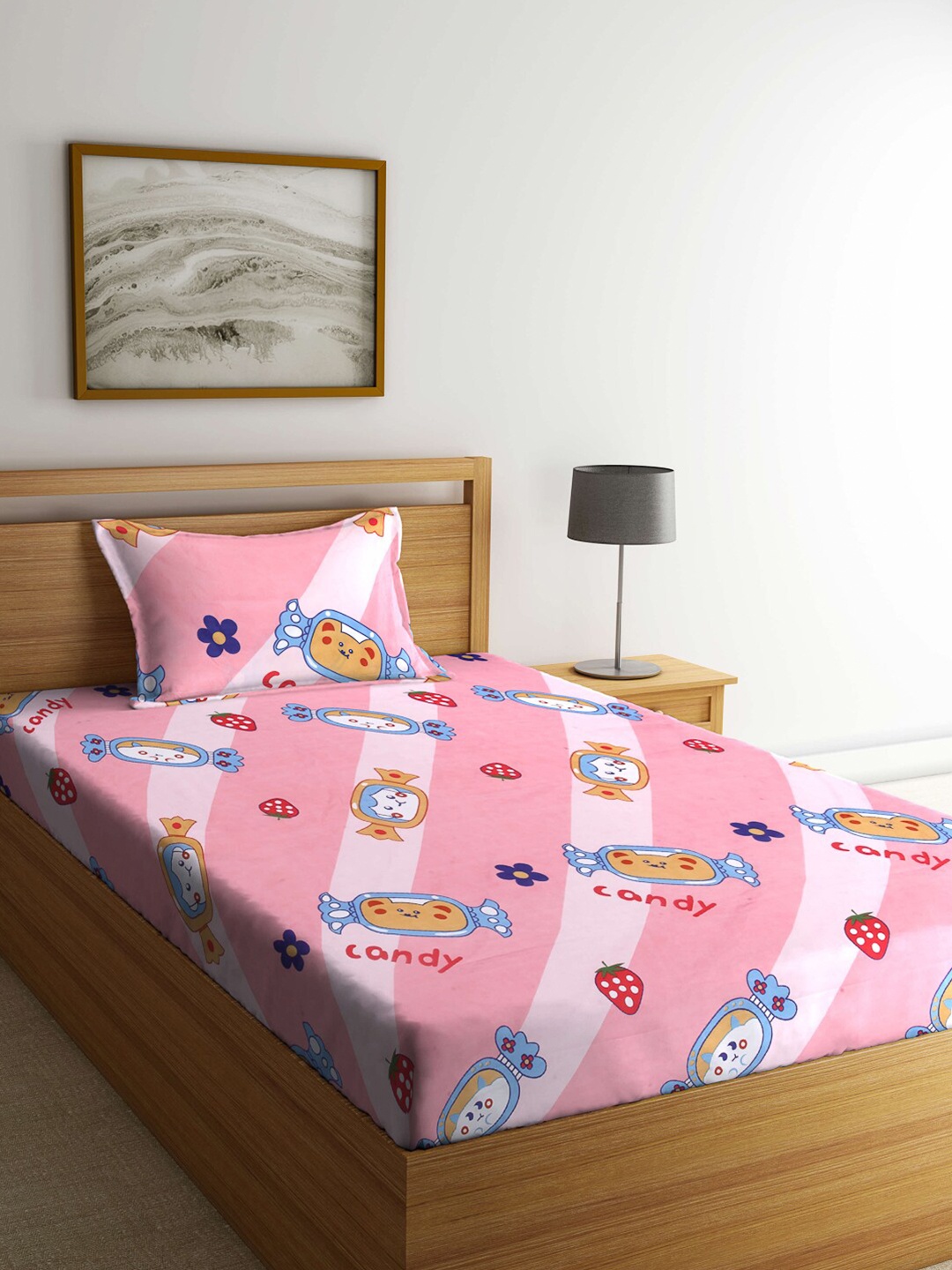 

KLOTTHE Cartoon Characters Printed 300 TC Single Bedsheet with 1 Pillow Cover, Rose