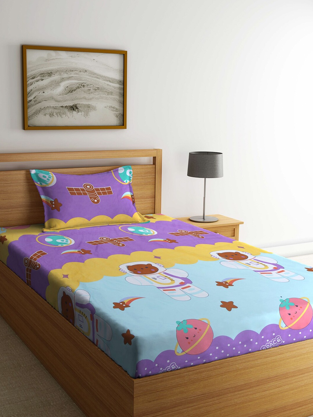 

KLOTTHE Cartoon Character Printed 300 TC Single Bedsheet with 1 Pillow Cover, Purple
