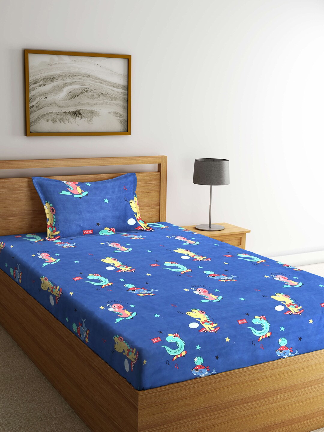 

KLOTTHE Cartoon Characters Printed 300 TC Single Bedsheet with 1 Pillow Cover, Blue