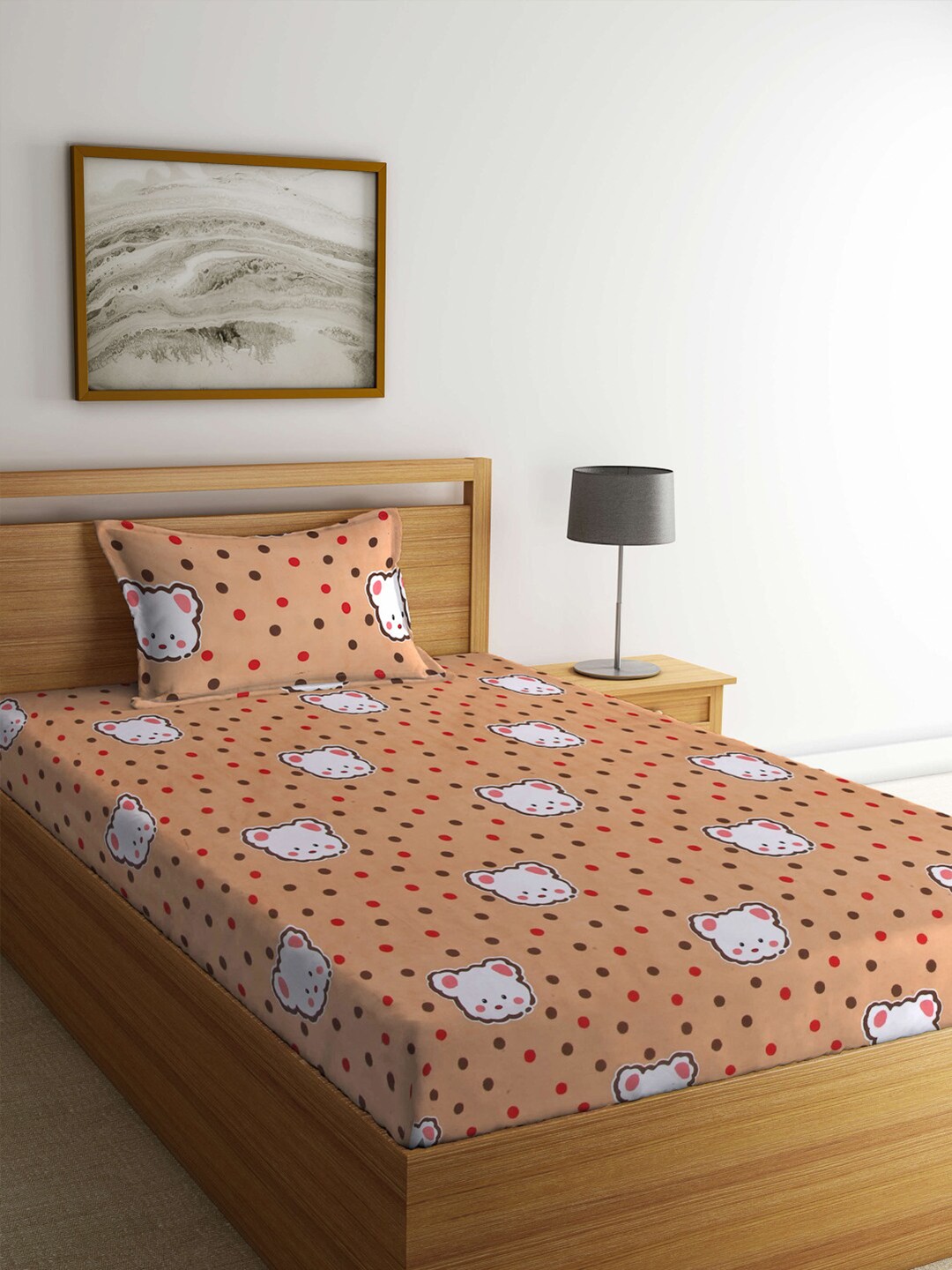 

KLOTTHE Cartoon Characters 300 TC Single Bedsheet with 1 Pillow Cover, Tan