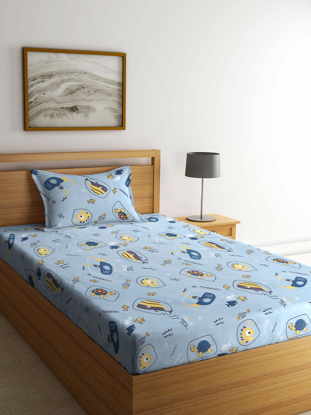 

KLOTTHE Cartoon Characters 300 TC Single Bedsheet with 1 Pillow Cover, Blue